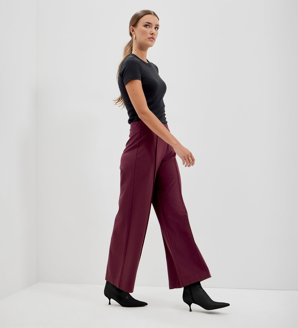 Caryl Burgundy Ponte Jersey Wide Leg Trouser