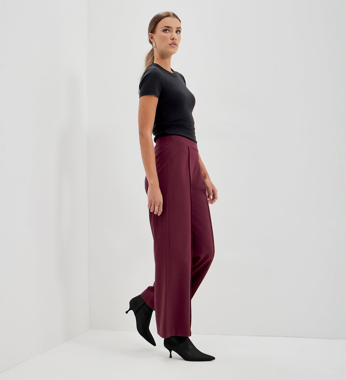 Caryl Burgundy Ponte Jersey Wide Leg Trouser