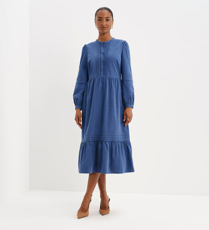 Cristina Blue Corduroy Pintuck Lace Trim Tiered Midi Dress