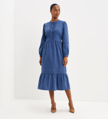 Cristina Blue Corduroy Pintuck Lace Trim Tiered Midi Dress