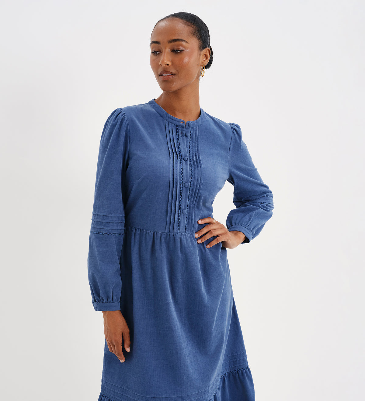 Cristina Blue Corduroy Pintuck Lace Trim Tiered Midi Dress