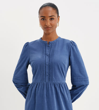 Cristina Blue Corduroy Pintuck Lace Trim Tiered Midi Dress