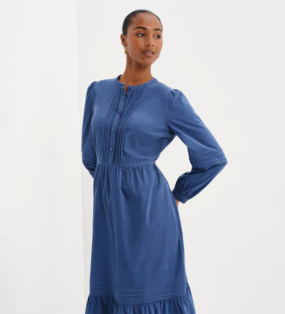 Cristina Blue Corduroy Pintuck Lace Trim Tiered Midi Dress