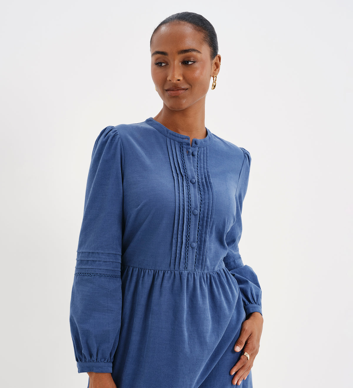 Cristina Blue Corduroy Pintuck Lace Trim Tiered Midi Dress