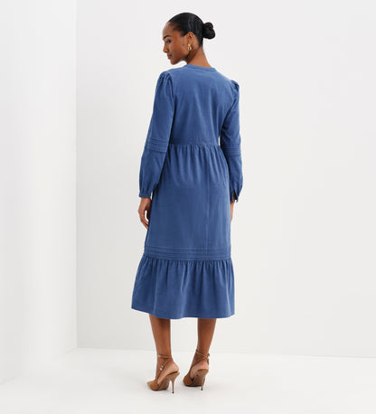 Cristina Blue Corduroy Pintuck Lace Trim Tiered Midi Dress