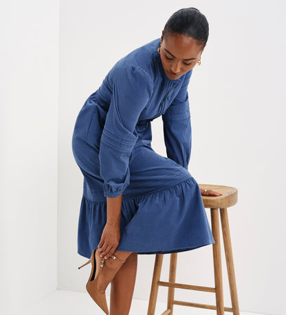 Cristina Blue Corduroy Pintuck Lace Trim Tiered Midi Dress