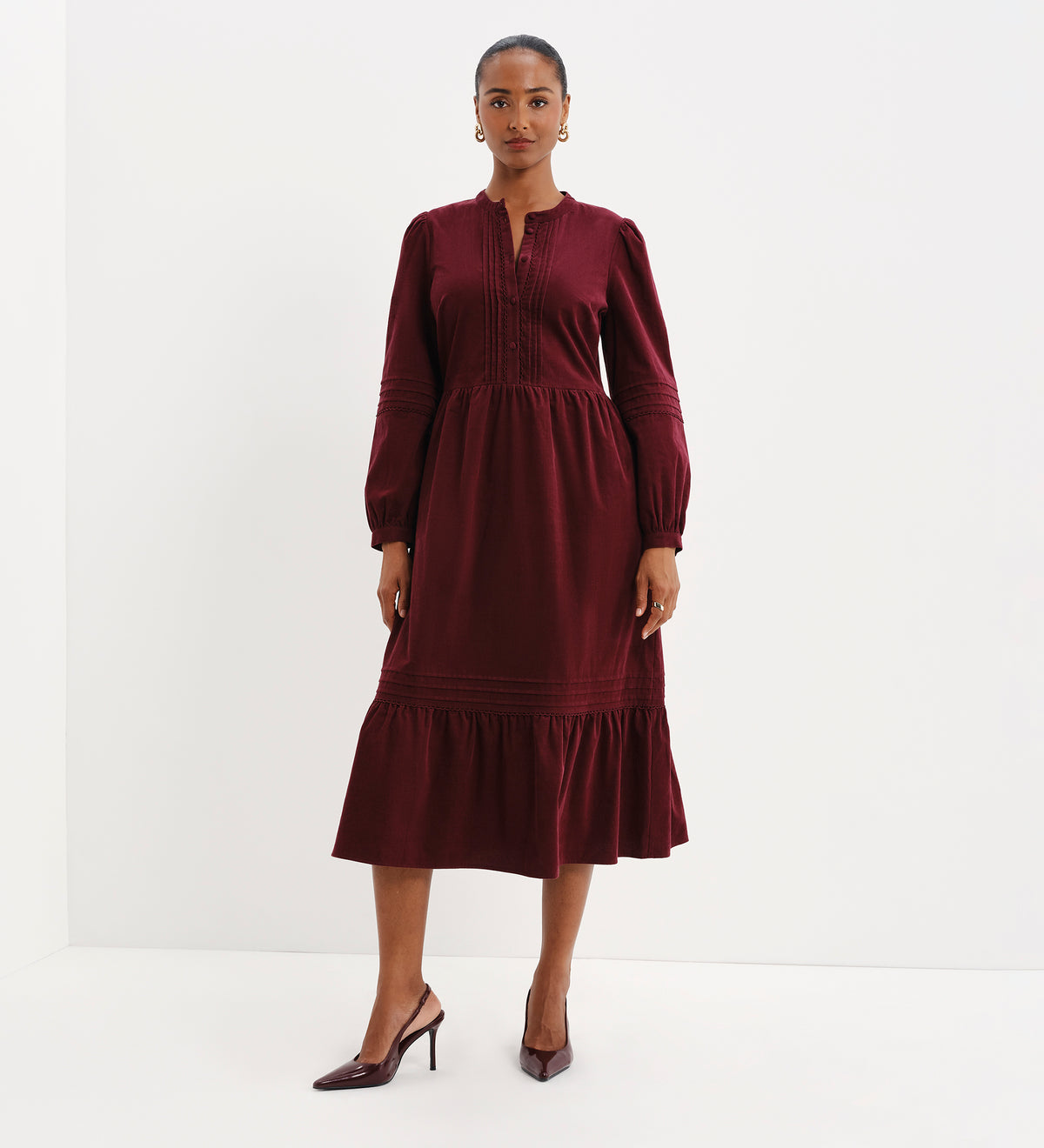 Cristina Burgundy Corduroy Pintuck Lace Trim Tiered Midi Dress