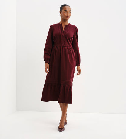 Cristina Burgundy Corduroy Pintuck Lace Trim Tiered Midi Dress