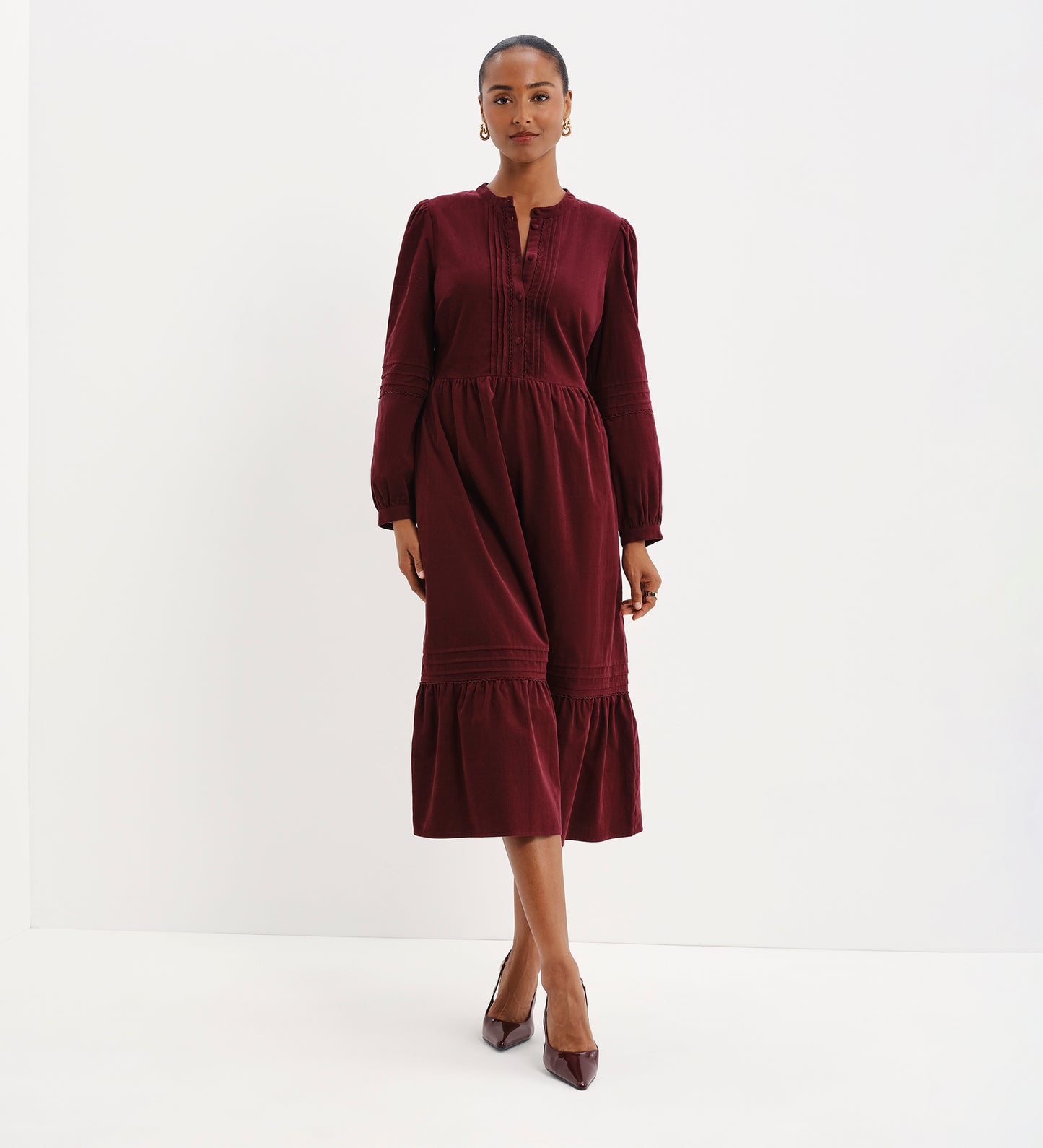 Cristina Burgundy Corduroy Pintuck Lace Trim Tiered Midi Dress