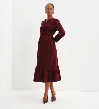 Cristina Burgundy Corduroy Pintuck Lace Trim Tiered Midi Dress