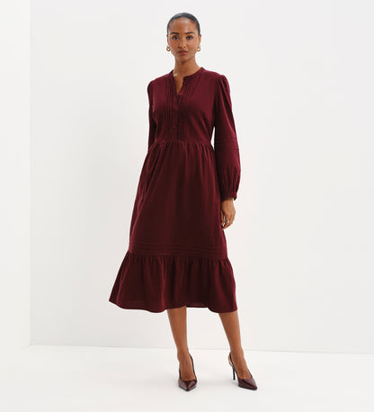Cristina Burgundy Corduroy Pintuck Lace Trim Tiered Midi Dress