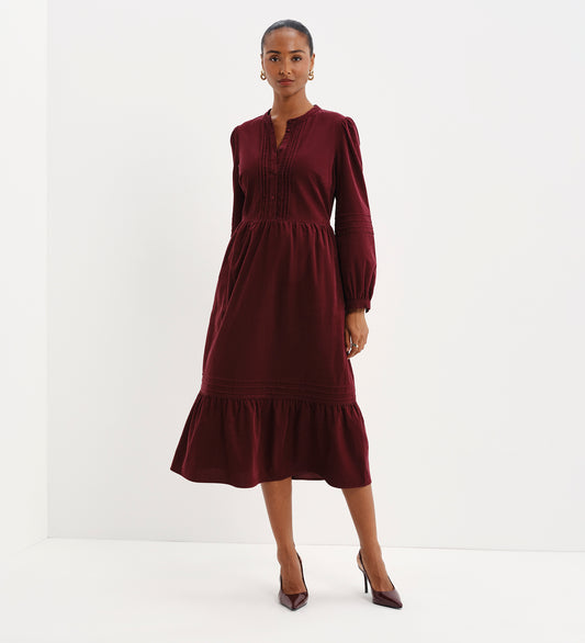 Cristina Burgundy Corduroy Pintuck Lace Trim Tiered Midi Dress