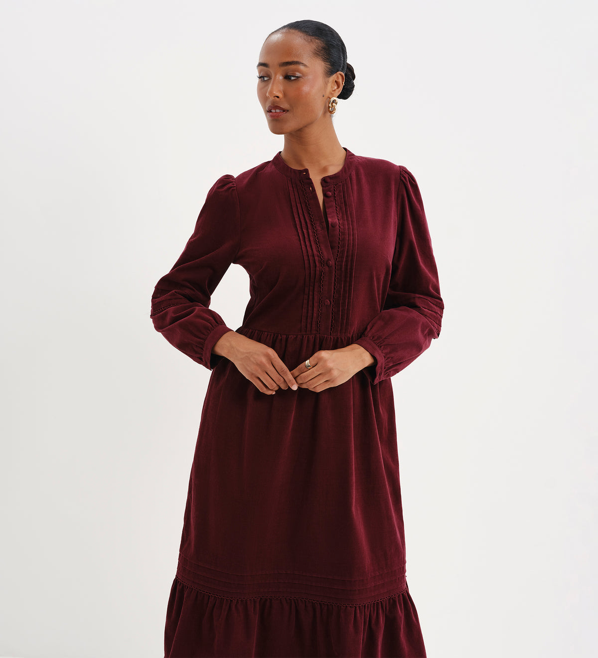 Cristina Burgundy Corduroy Pintuck Lace Trim Tiered Midi Dress
