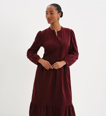 Cristina Burgundy Corduroy Pintuck Lace Trim Tiered Midi Dress