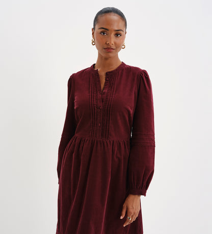 Cristina Burgundy Corduroy Pintuck Lace Trim Tiered Midi Dress