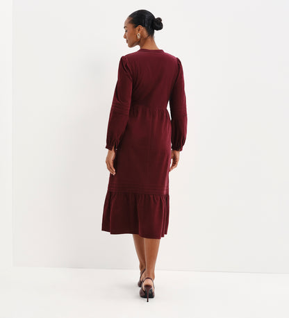 Cristina Burgundy Corduroy Pintuck Lace Trim Tiered Midi Dress