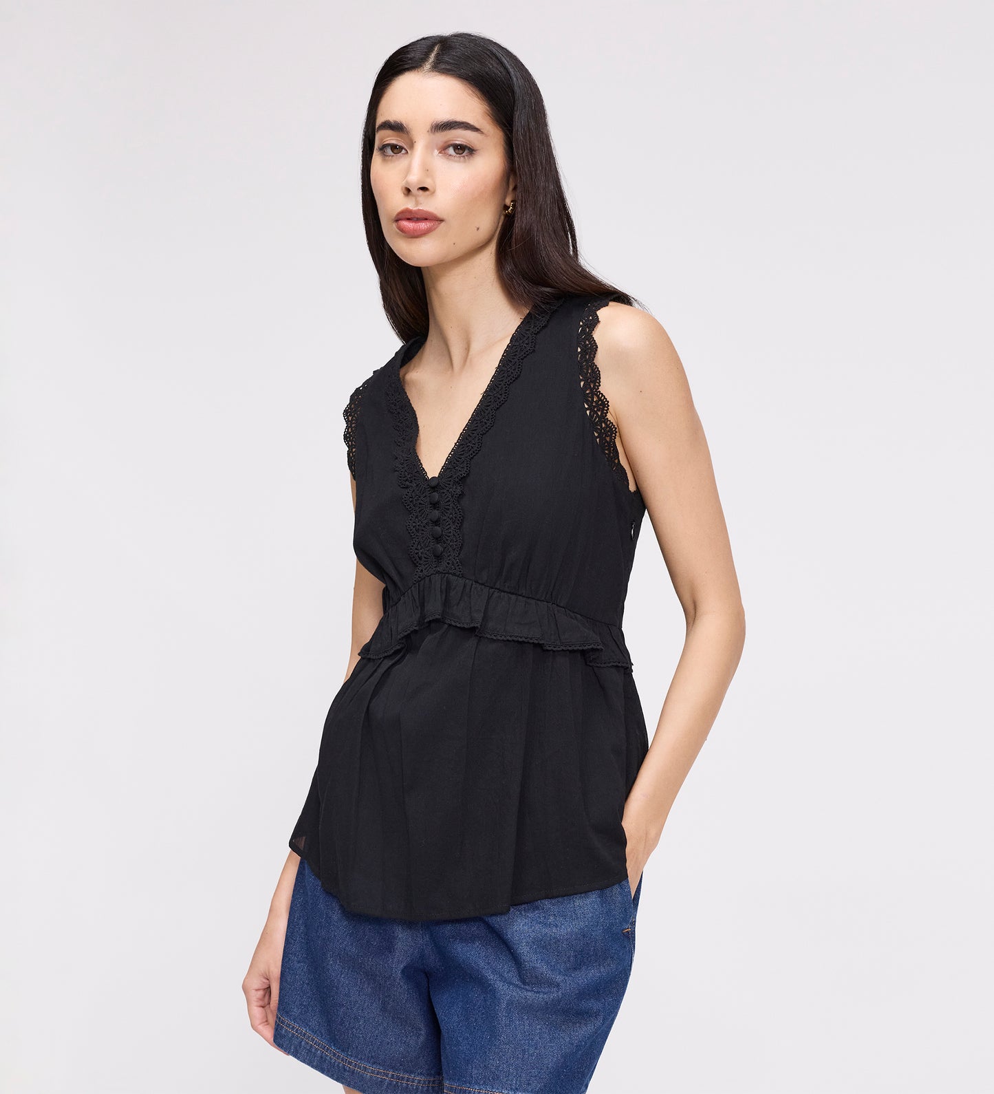 Cyma Black Lace Cotton Sleeveless Top