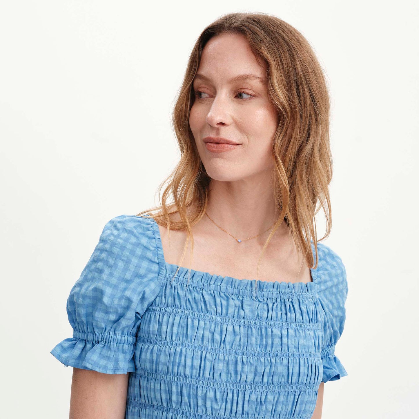 Cynthia Blue Gingham Seersucker Shirred Puff Sleeve Top