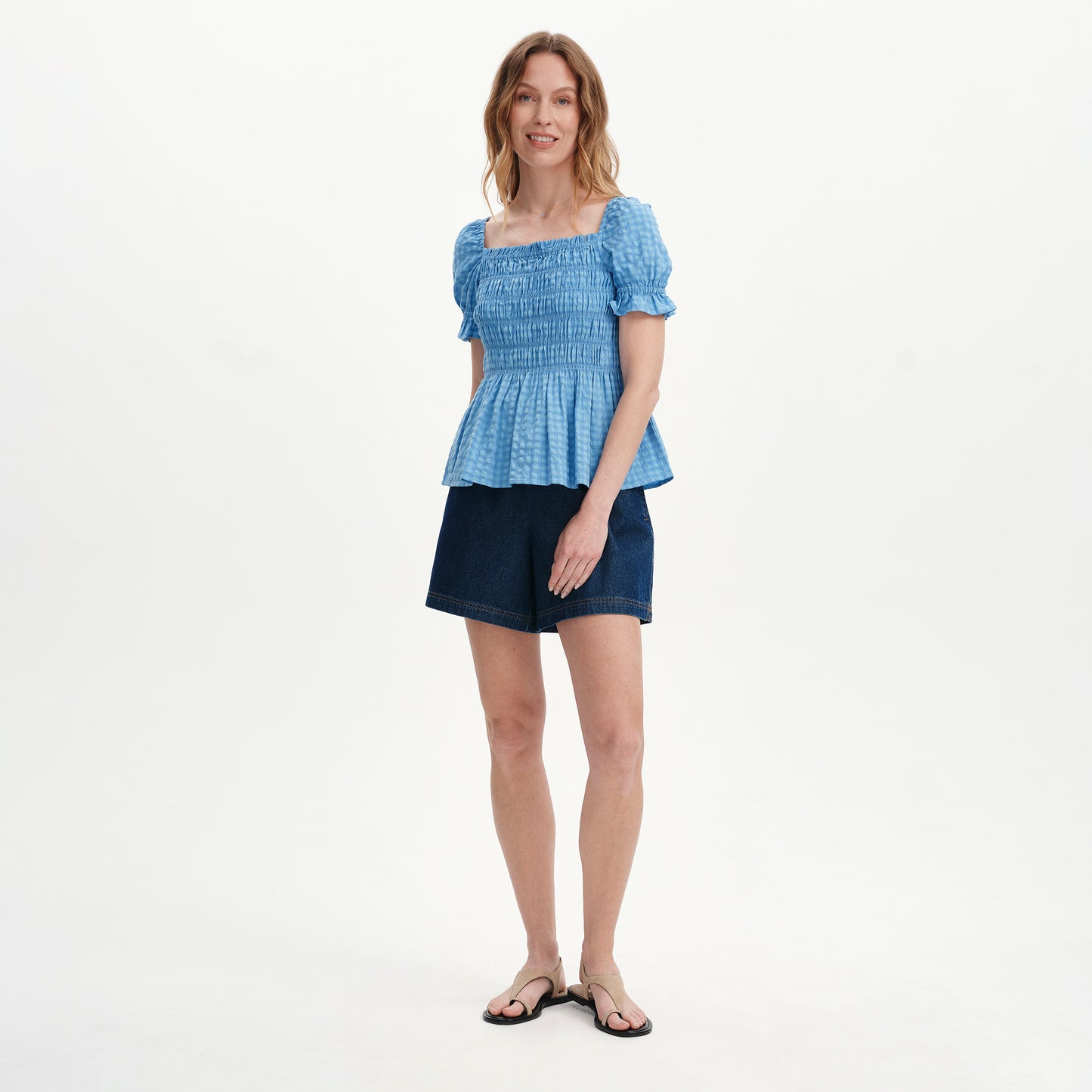 Cynthia Blue Gingham Seersucker Shirred Puff Sleeve Top