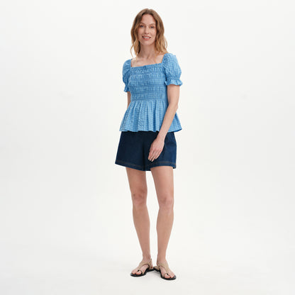 Cynthia Blue Gingham Seersucker Shirred Puff Sleeve Top