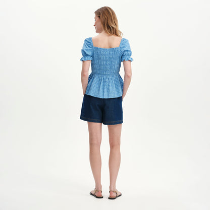 Cynthia Blue Gingham Seersucker Shirred Puff Sleeve Top