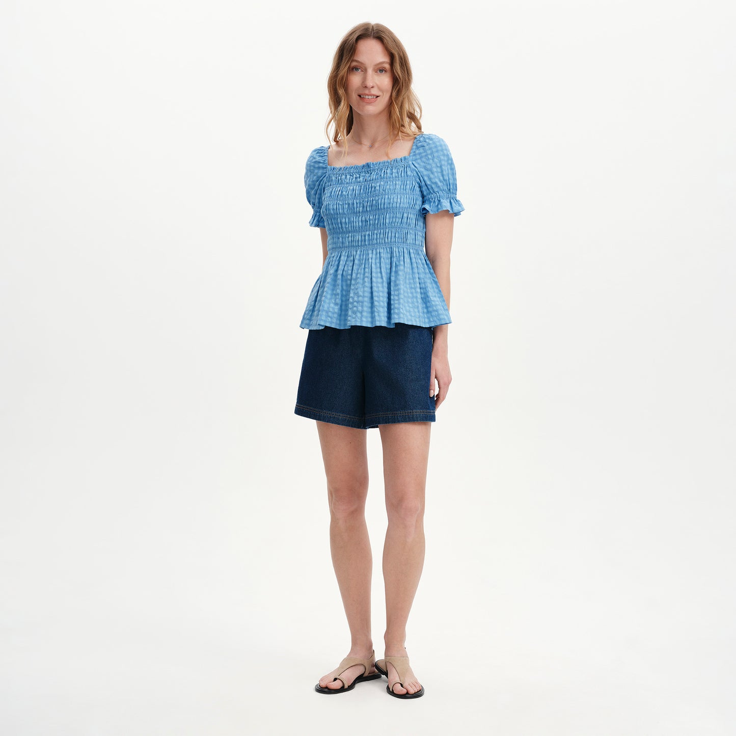Cynthia Blue Gingham Seersucker Shirred Puff Sleeve Top
