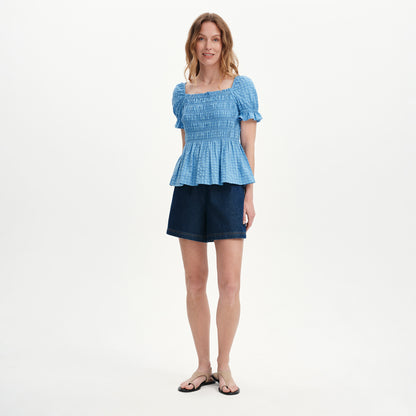 Cynthia Blue Gingham Seersucker Shirred Puff Sleeve Top