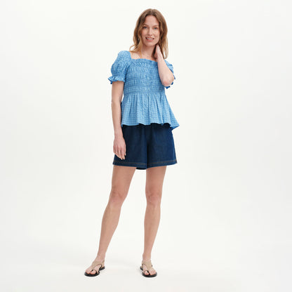 Cynthia Blue Gingham Seersucker Shirred Puff Sleeve Top
