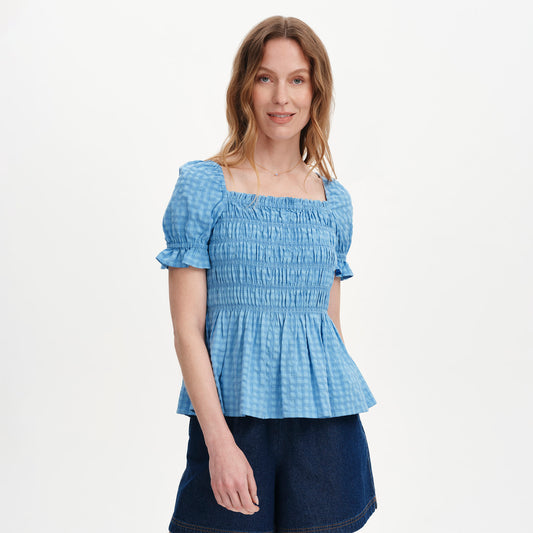 Cynthia Blue Gingham Seersucker Shirred Puff Sleeve Top