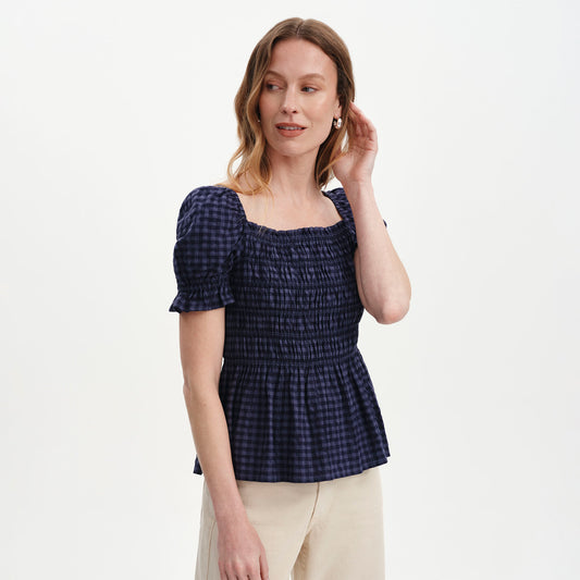 Cynthia Navy Gingham Seersucker Shirred Puff Sleeve Top