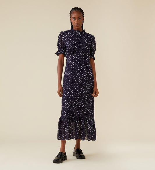 Camille Midi Chiffon Navy Spot Dress