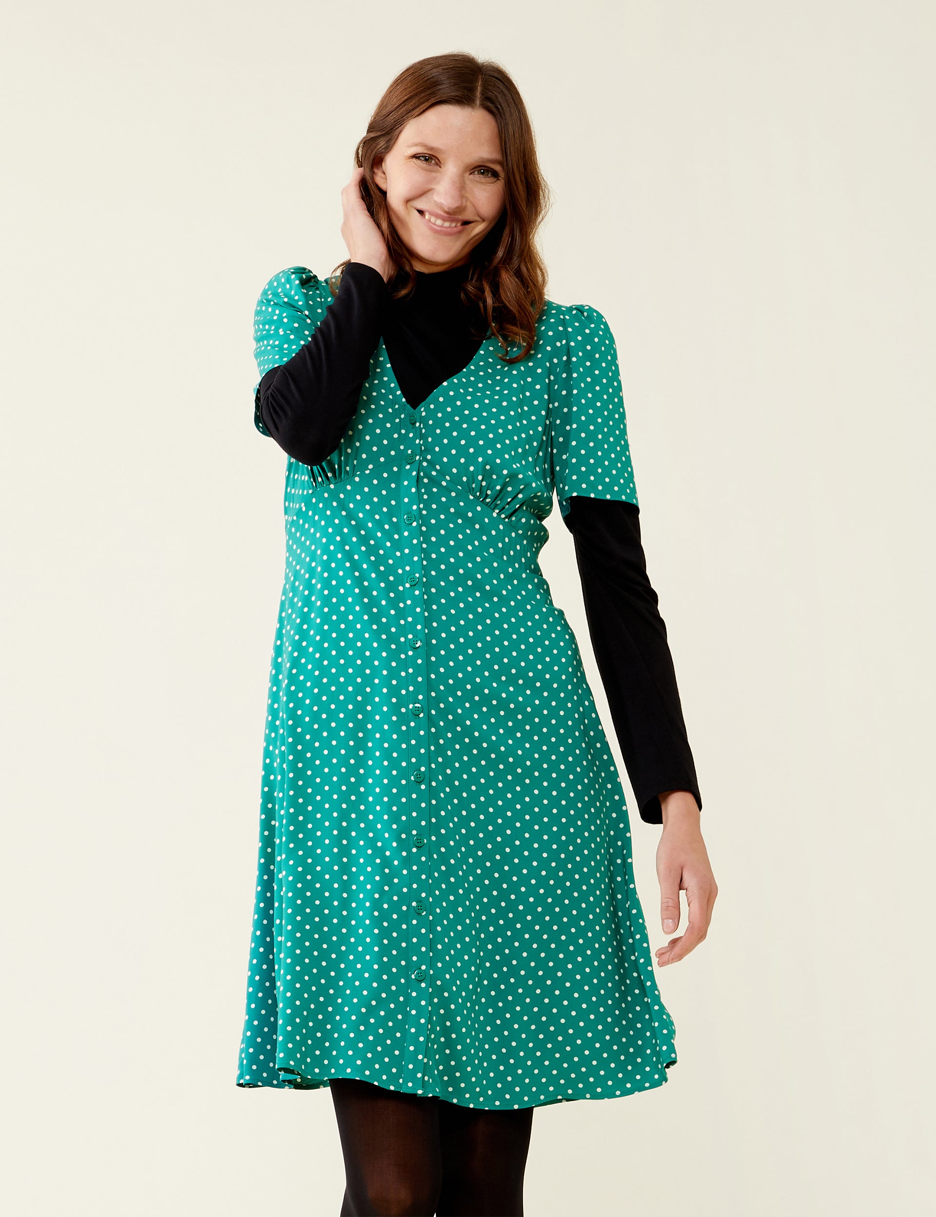 Mala Green Polka Dot Knee Length Dress | Finery London Mala Green Polka Dot Knee Length Dress | Finery London