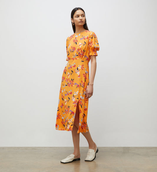 Jaylen Orange Floral Midi Dress                     LENZINGâ„¢ ECOVEROâ„¢