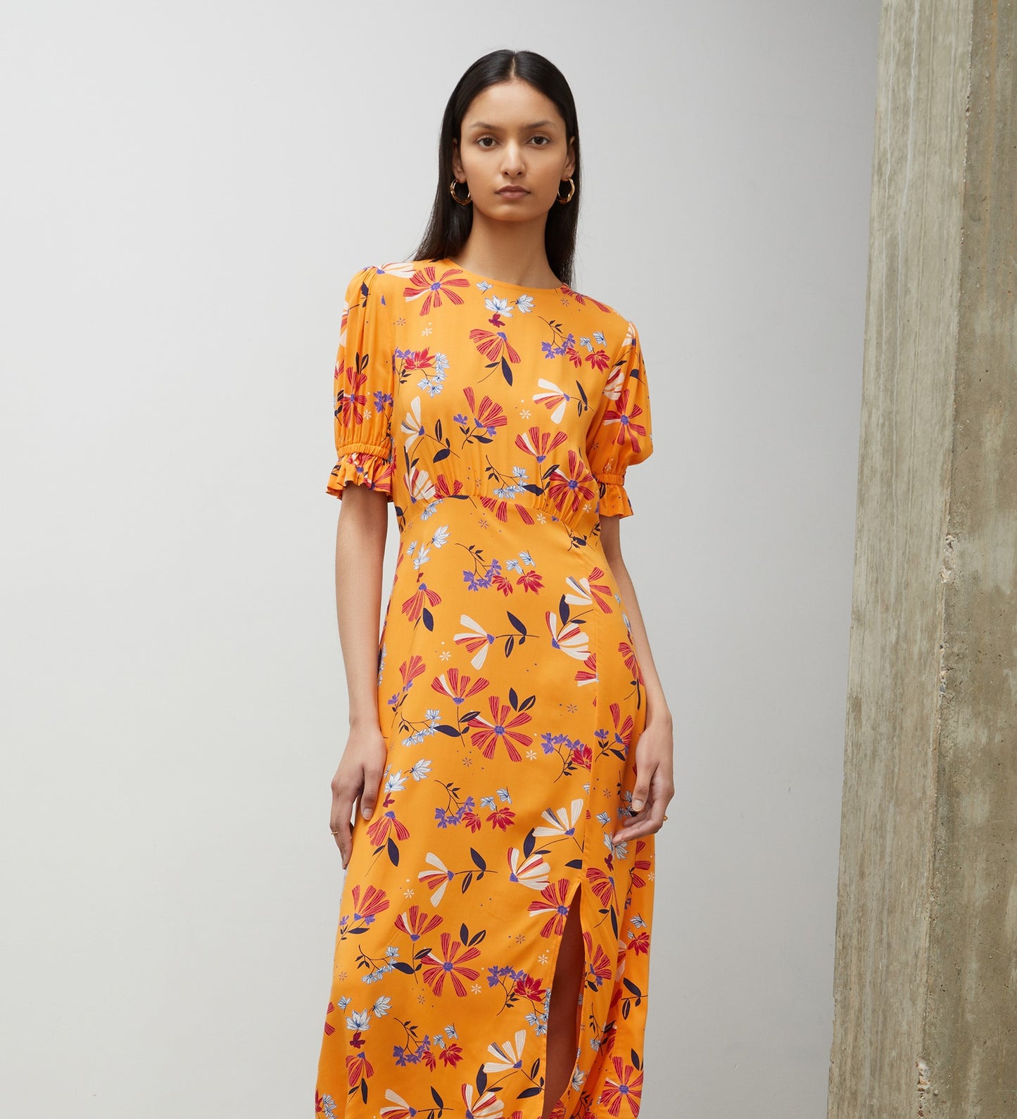 Jaylen Orange Floral Midi Dress                     LENZINGâ„¢ ECOVEROâ„¢