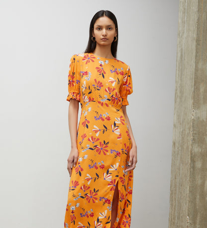 Jaylen Orange Floral Midi Dress                     LENZINGâ„¢ ECOVEROâ„¢