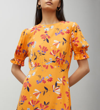 Jaylen Orange Floral Midi Dress                     LENZINGâ„¢ ECOVEROâ„¢