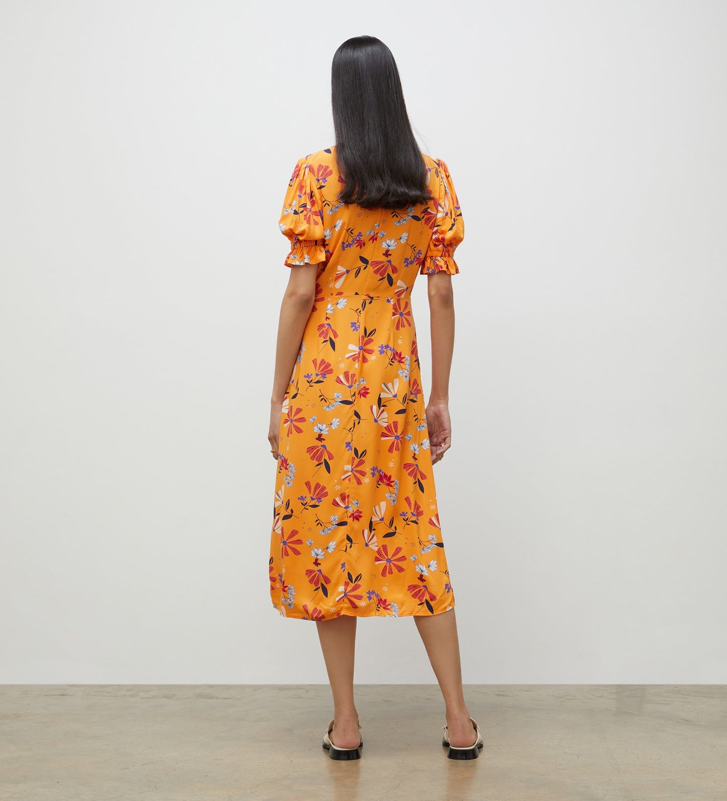Jaylen Orange Floral Midi Dress                     LENZINGâ„¢ ECOVEROâ„¢
