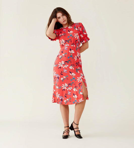 Jaylen Red Floral Midi Dress                     LENZINGâ„¢ ECOVEROâ„¢
