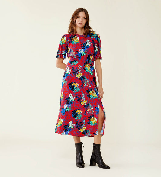 Jaylen Red Flowers Midi Dress                     LENZINGâ„¢ ECOVEROâ„¢