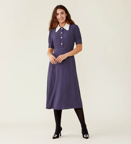 Claudia Navy Spot Midi Shirt Dress