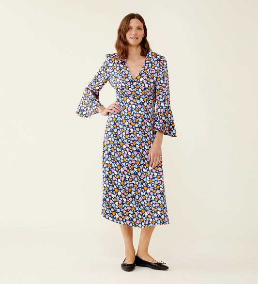 Leah Navy Tulips Print Midi Dress