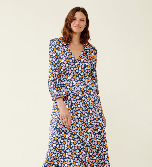 Leah Navy Tulips Print Midi Dress