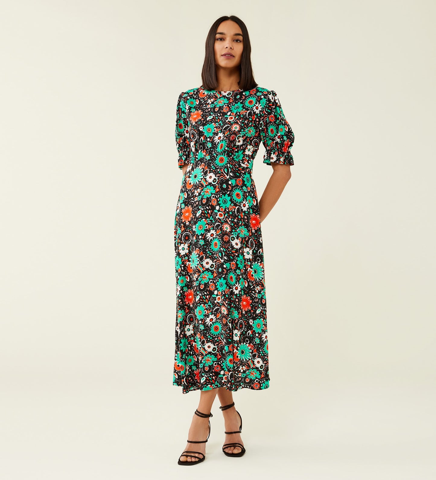 Mela Black Floral Print Midi Dress
