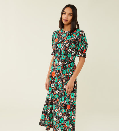 Mela Black Floral Print Midi Dress