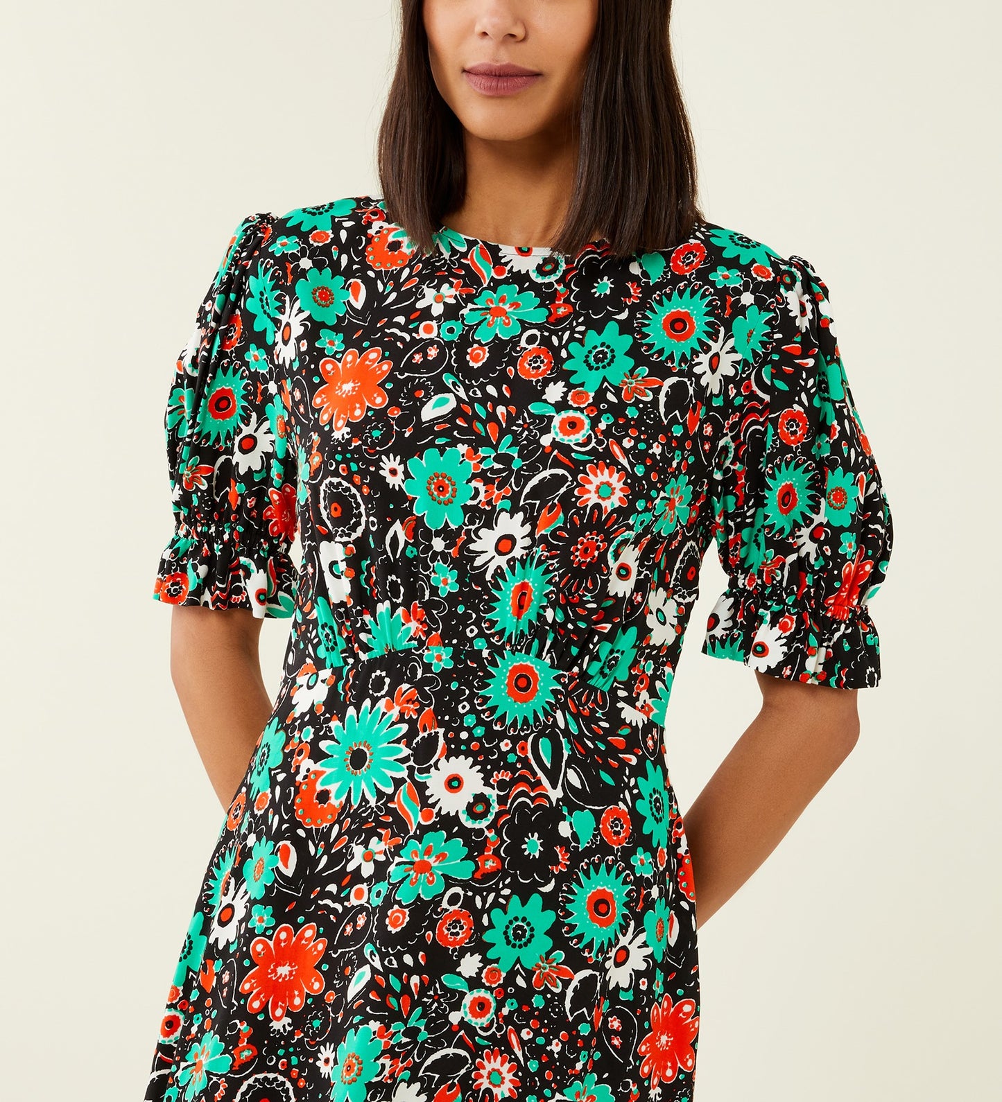 Mela Black Floral Print Midi Dress