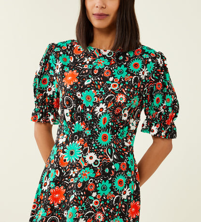 Mela Black Floral Print Midi Dress