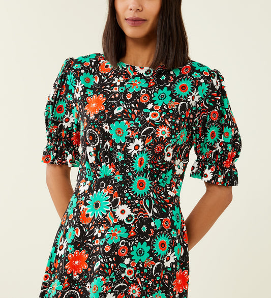 Mela Black Floral Print Midi Dress