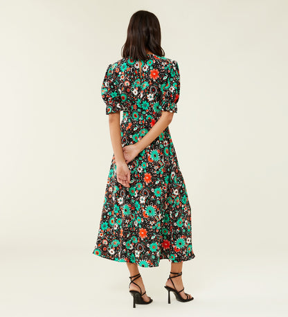 Mela Black Floral Print Midi Dress