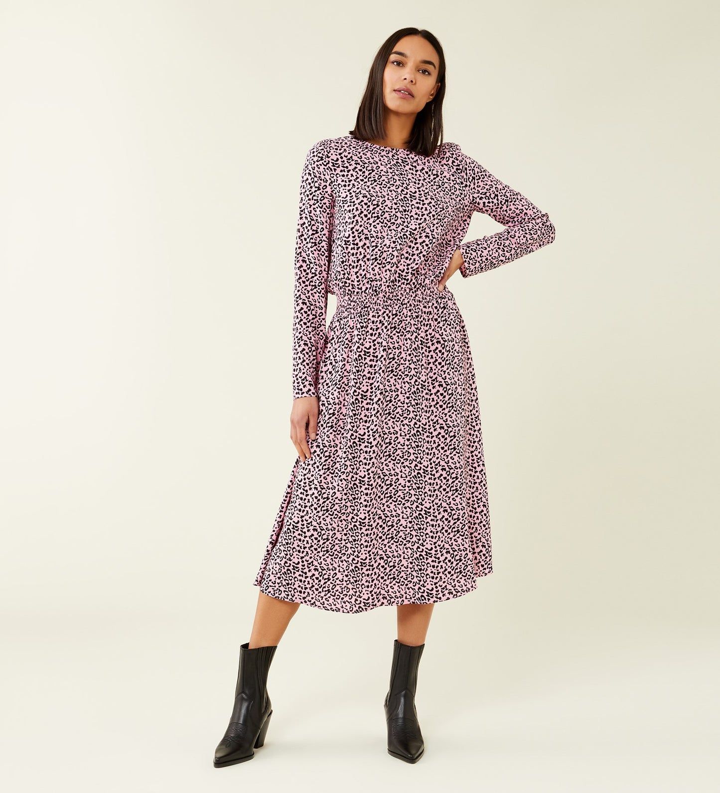 Theo Pink Leopard Print Midi Dress