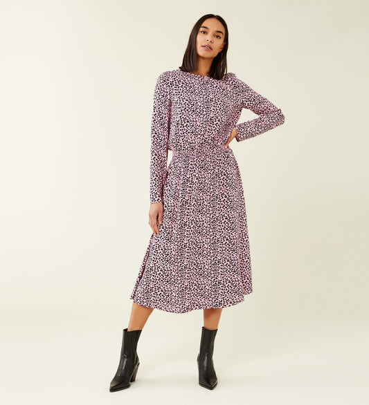 Theo Pink Leopard Print Midi Dress